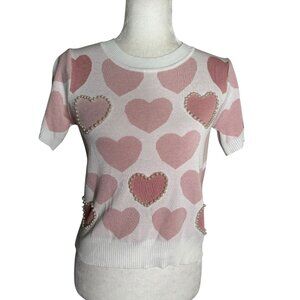 Heart Pattern Short Sleeve Sweater Size S Pink White Knit Pearl Accents
